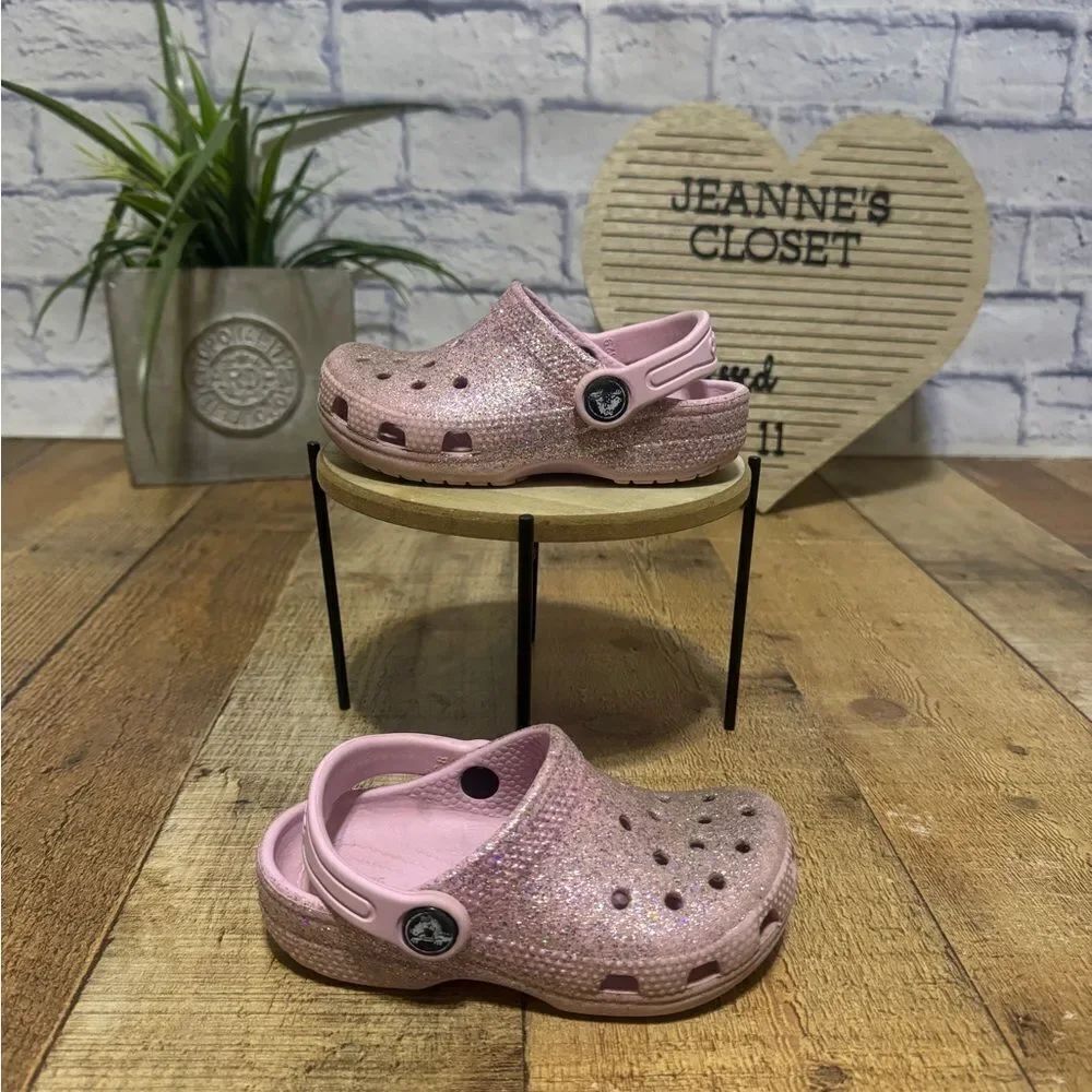 Crocs Shoes Girls C8 Classic Glitter Clogs Sparkly Pink Slip On